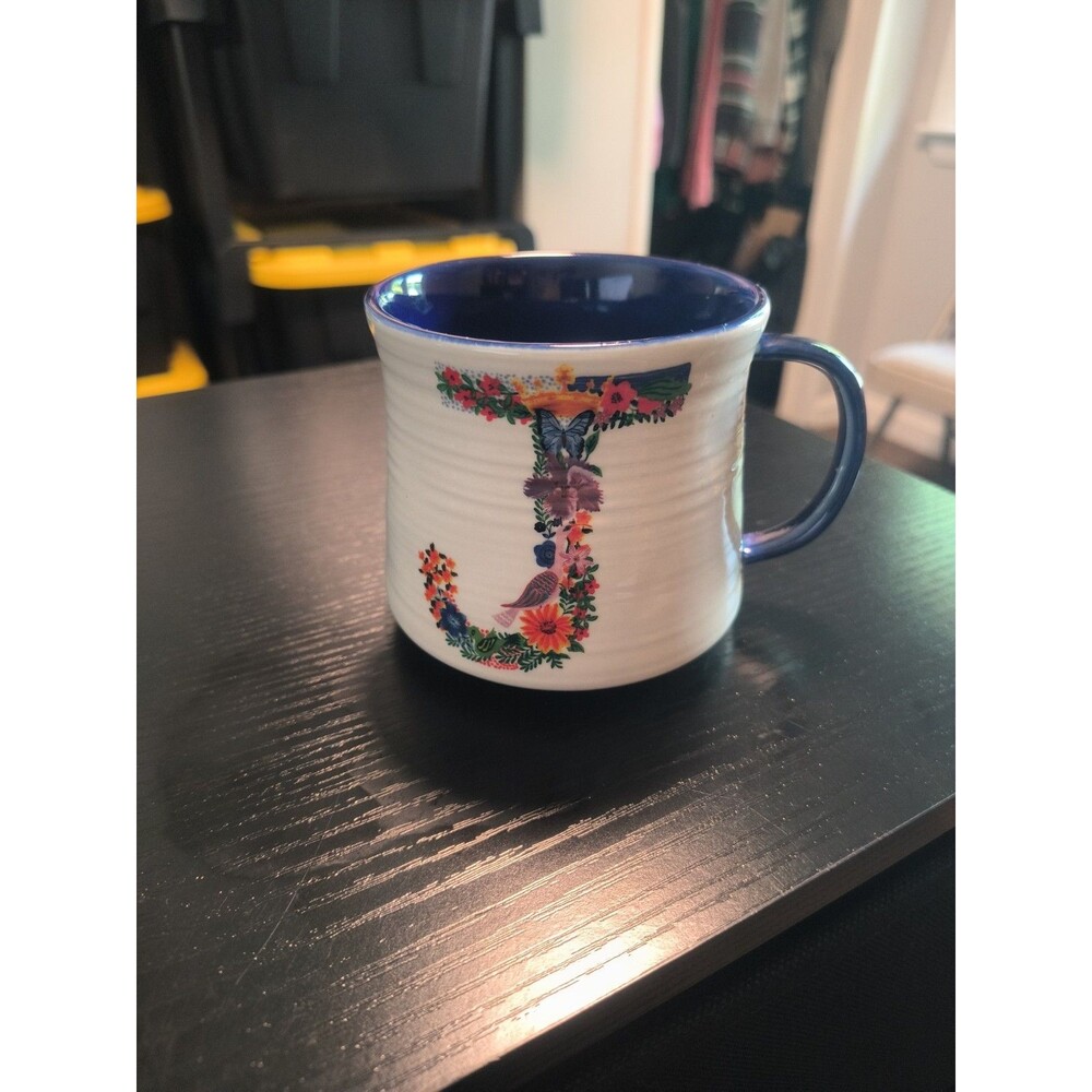 Anthropologie Natalie Lete Letter "J" Initial Mug Coffee Cup Floral Bird Rabbit